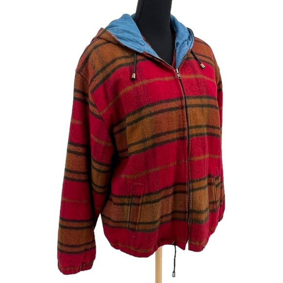 Fleet Street Sport Wool Blend Hooded Red Plaid Vest Coat Jacket Zipper Medium - Picture 3 of 6